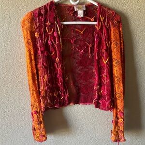 Sandy Starkman Mesh Flowy Orange Pink Summer cotton embellished Cardigan Medium